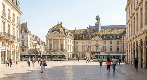 Photographie d'une rue emblématique ou d'un quartier reconnaissable de Dijon (par exemple la Place de la Libération, le Palais des Ducs, ou une avenue typique du centre-ville) avec architecture et contexte urbain clairement visible, permettant d'identifier visuellement la ville tout en restant professionnelle et accueillante pour illustrer les interventions locales de Métallerie Moullet.